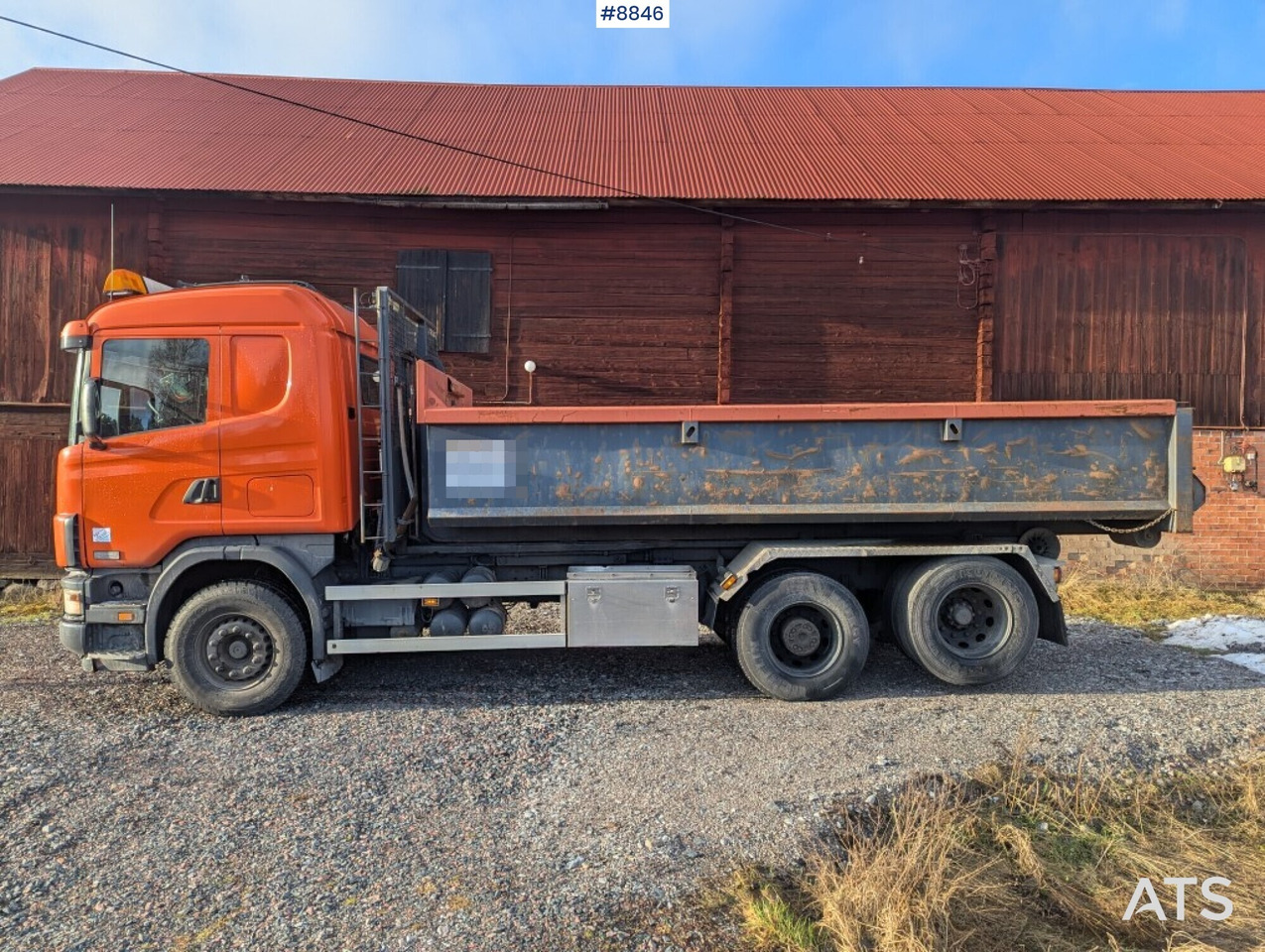 Hook Truck Scania R124BG 6x2 with gravel flatbed (SEE VIDEO) - Hook lift truck: picture 1 Hook Truck Scania R124BG 6x2 with gravel flatbed (SEE VIDEO) - Hook lift truck: picture 1