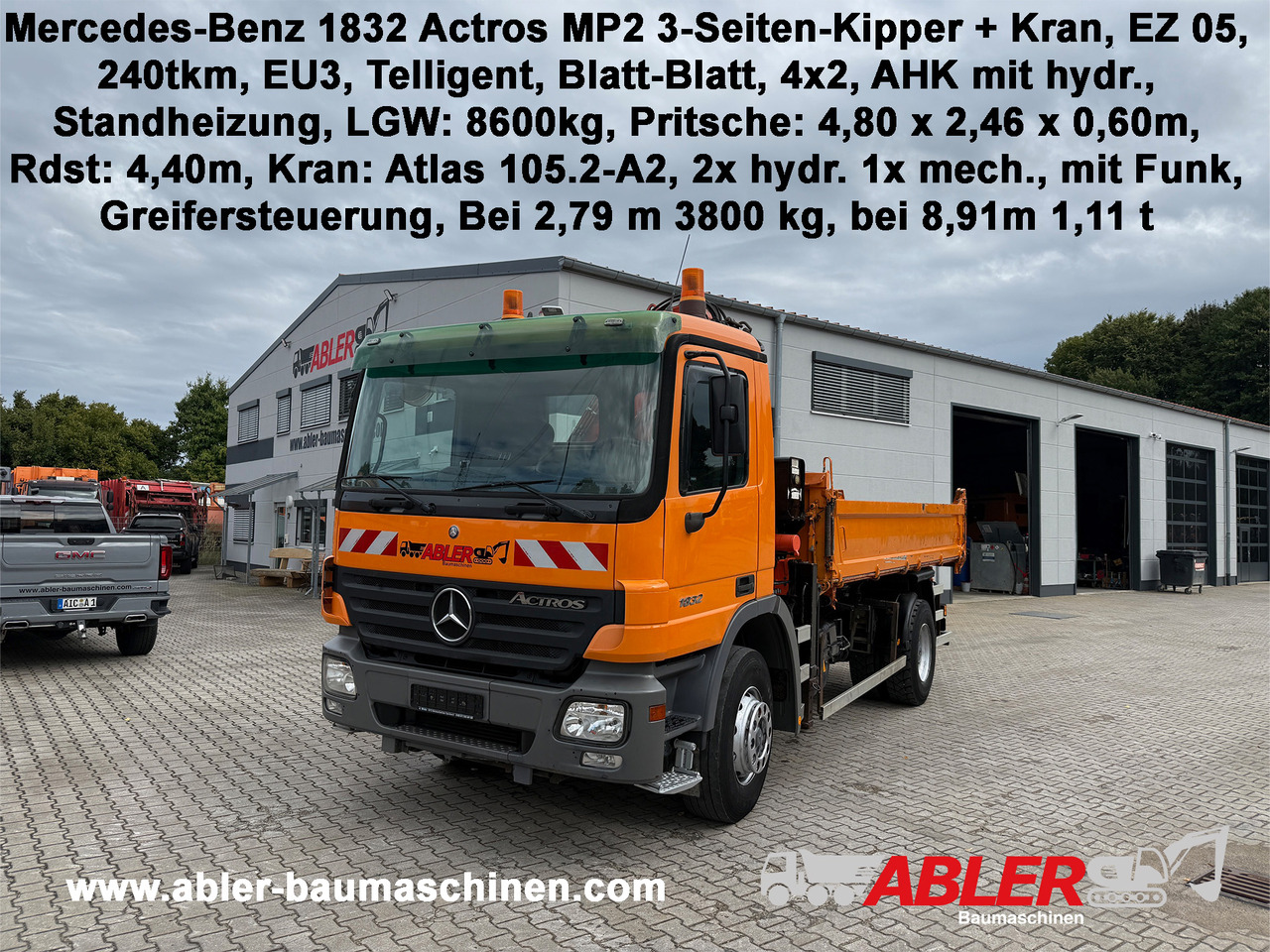 Mercedes-Benz 1832 Actros MP2 3-Seiten-Kipper mit Kran + Funk - Tipper, Crane truck: picture 1 Mercedes-Benz 1832 Actros MP2 3-Seiten-Kipper mit Kran + Funk - Tipper, Crane truck: picture 1