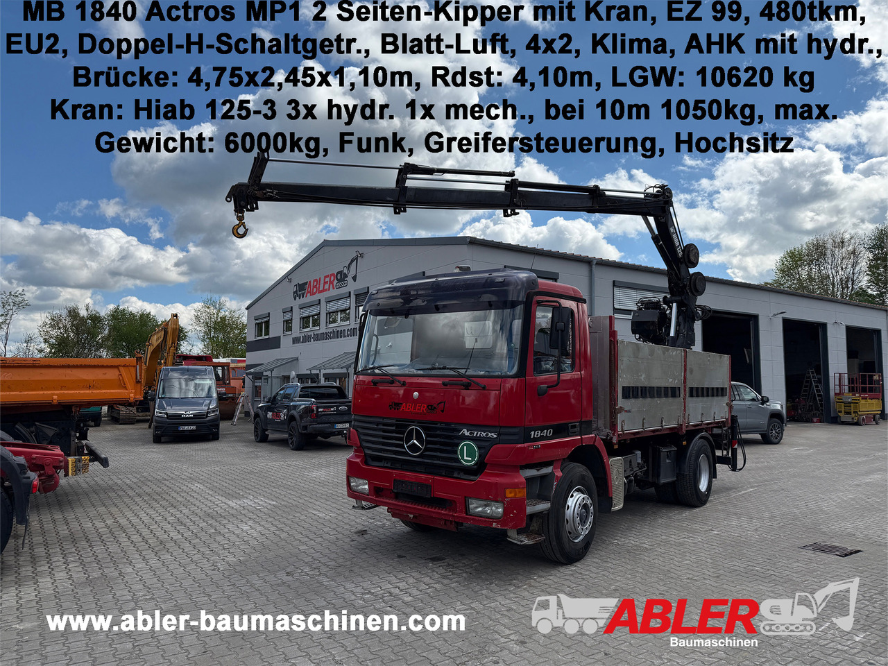 Mercedes-Benz 1840 Actros 2-Seiten-Kipper mit Kran Hiab 125-3 mit Funk - Dropside/ Flatbed truck, Crane truck: picture 1 Mercedes-Benz 1840 Actros 2-Seiten-Kipper mit Kran Hiab 125-3 mit Funk - Dropside/ Flatbed truck, Crane truck: picture 1