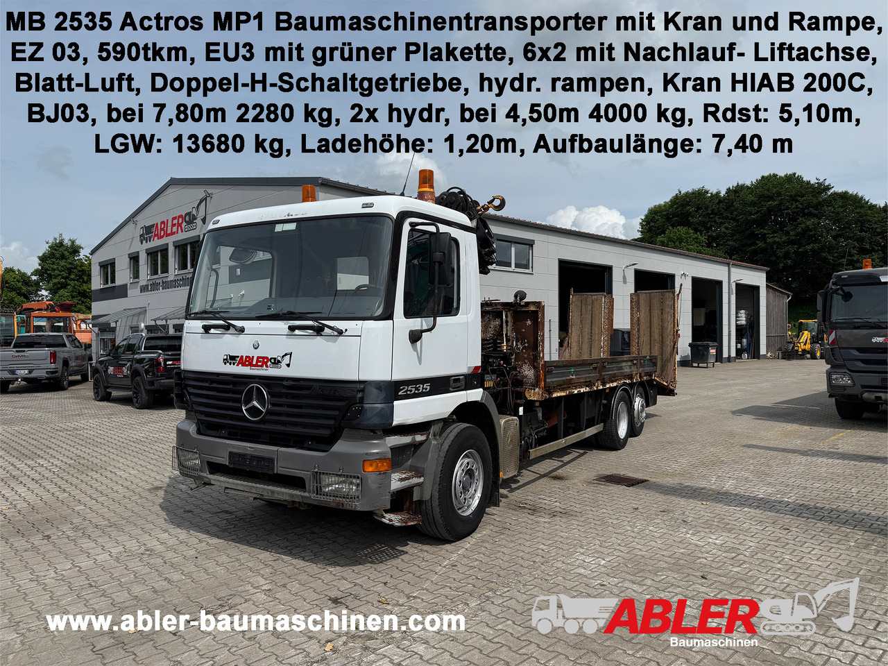 Mercedes-Benz 2535 Actros MP1 Baumaschinentransporter mit Kran und Rampen - Car transporter truck, Crane truck: picture 1 Mercedes-Benz 2535 Actros MP1 Baumaschinentransporter mit Kran und Rampen - Car transporter truck, Crane truck: picture 1