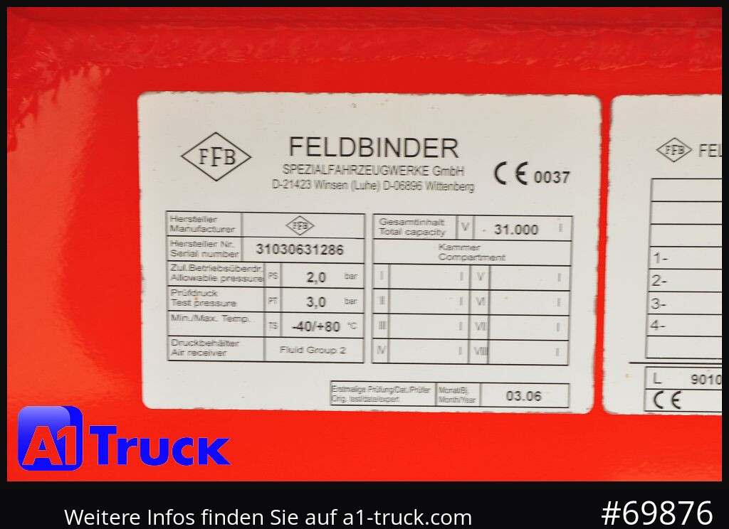 FELDBINDER HEUT 31.2 Silo, Futtermittel, 31m³, 3 Kammern, - Tanker trailer: picture 2 FELDBINDER HEUT 31.2 Silo, Futtermittel, 31m³, 3 Kammern, - Tanker trailer: picture 2