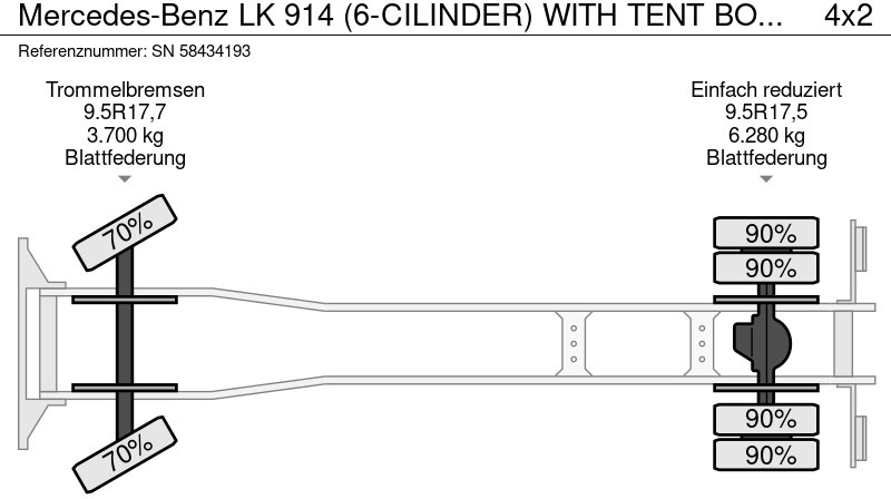 Curtain side truck Mercedes-Benz LK 914 (6-CILINDER) WITH TENT BOX (MANUAL GEARBOX / FULL STEEL SUSPENSION / LOADING PLATFORM): picture 14