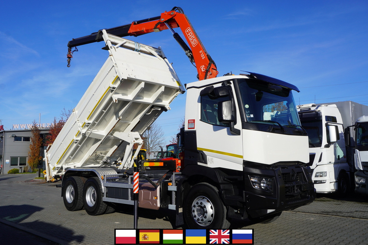 RENAULT C380 E6 6×4 / HDS Fassi F135 2700 MTH / Range 8 m / 5.6 t lifting capacity / 3-side tipper / Bortmatic - Tipper, Crane truck: picture 1 RENAULT C380 E6 6×4 / HDS Fassi F135 2700 MTH / Range 8 m / 5.6 t lifting capacity / 3-side tipper / Bortmatic - Tipper, Crane truck: picture 1