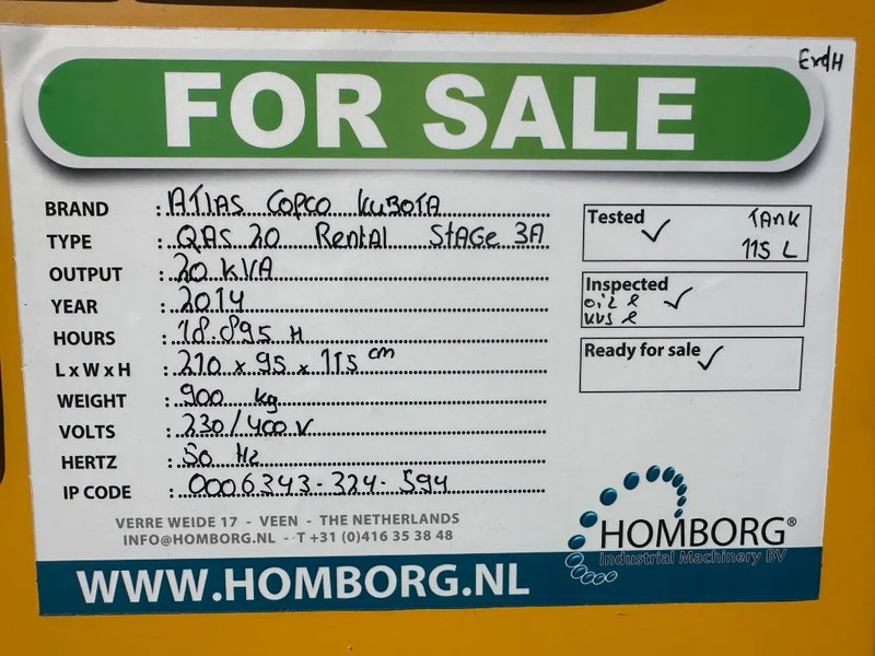 Generator set Atlas-Copco QAS 20 Kubota Leroy Somer 20 kVA Silent Rental generatorrset Stage 3A: picture 18