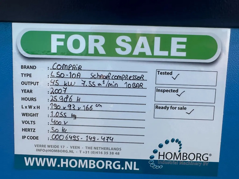 Air compressor Compair L50 - 10A 45 kW 7.55 m3 / min 10 Bar Elektrische Schroefcompressor: picture 13 Air compressor Compair L50 - 10A 45 kW 7.55 m3 / min 10 Bar Elektrische Schroefcompressor: picture 13