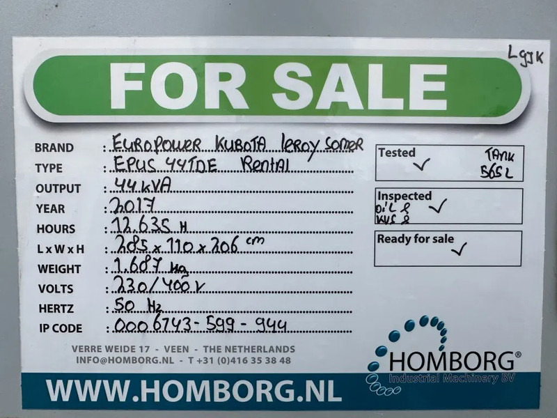 Generator set Europower EPUS44TDE Kubota Leroy Somer 44 kVA Supersilent Rental generatorset: picture 18